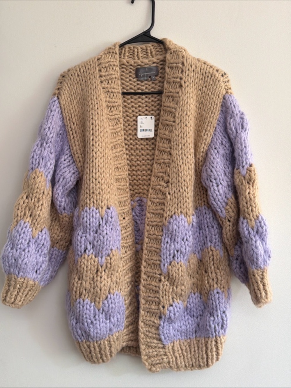 Anthropologie Beige and Lavender Chunky Knit Colorblock Cardigan - Picture 3 of 13
